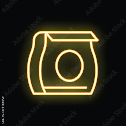 Neon yellow glowing outline of a coffee package with rounded edges