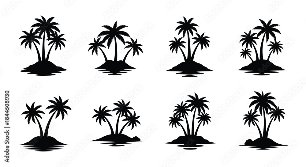 Naklejka premium Tropical island silhouettes featuring palm trees and surrounding water bodies