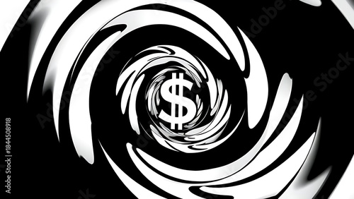 cynicism. A distorted spiral pattern featuring a currency symbol at its center in monochromatic graphic design style. pitch deck slides.
