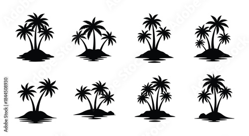 Tropical island silhouettes featuring palm trees and surrounding water bodies