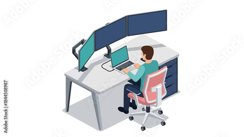 Multiscreen workstation: isometric view of a modern office setup with multiple monitors