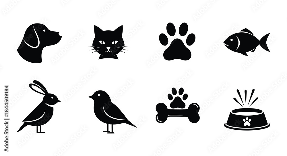 Fototapeta premium Simple black silhouettes of common pets and associated items displayed together