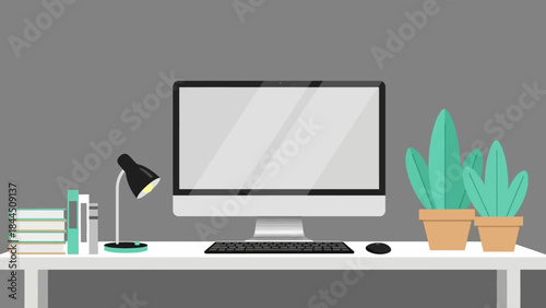 Modern workspace with computer and plants on minimalist desk