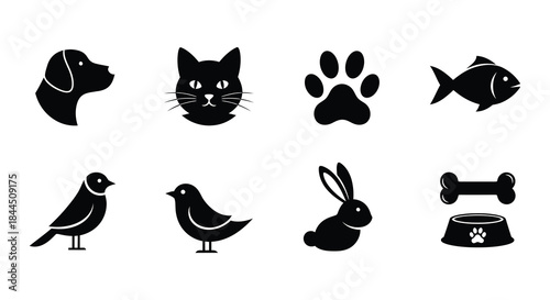 Simple black silhouettes of common pets and associated items displayed together