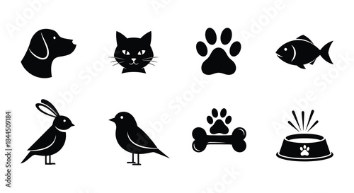 Simple black silhouettes of common pets and associated items displayed together
