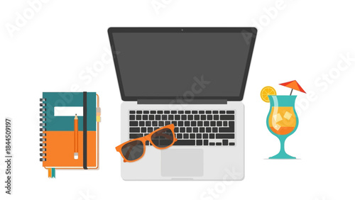 Flat design workspace with laptop, notebook, and refreshing tropical drink