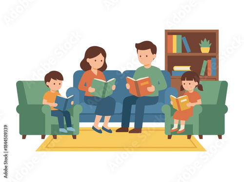 Family Reading Together on Comfortable Sofa.