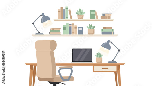 Modern home office with desk, laptop, and bookshelves in minimalist design