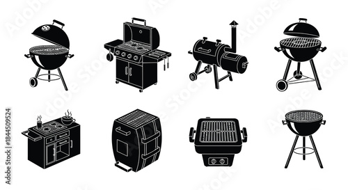 Various styles of black and white grill and smoker icons displayed