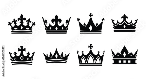 Collection of ornate black crowns in various royal designs and shapes