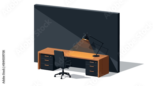 Modern isometric office workspace with desk and chair under lamp