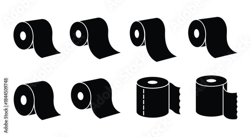 Black and white illustration of various toilet paper roll designs and perspectives