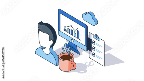 Isometric office setup with empty avatar, computer and coffee