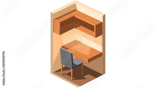 Compact home office design with wooden furniture and chair in isometric view