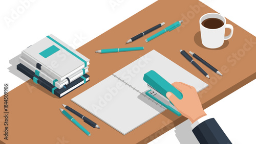 Organized workstation with office supplies and coffee in isometric style