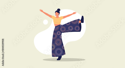 A joyful woman with her hair in a bun dances freely, celebrating body positivity and self-love. This modern flat vector illustration represents happiness, freedom, wellness, and an active lifestyle.