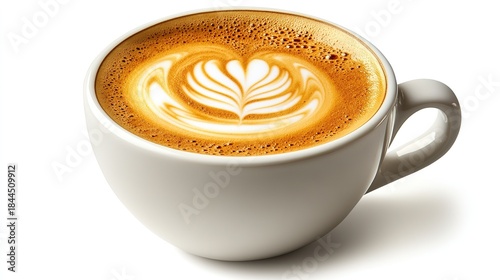 White cup latte coffee with heart latte art, milk foam decorated beverage material, for coffee brand and food promotion