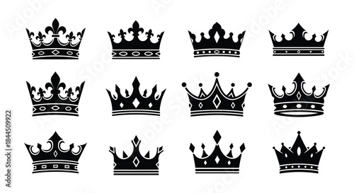 Collection of ornate black crowns in various royal designs and shapes