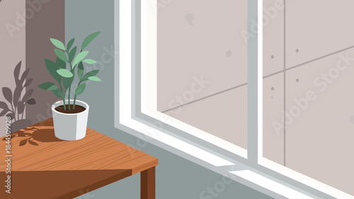 Cozy interior with sunlit window and potted plant on wooden table