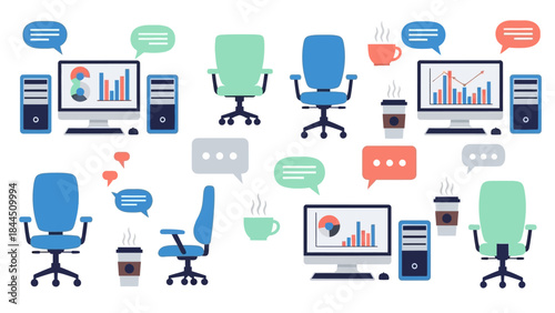 Flat office workspace icons with computers, chairs, and speech bubbles