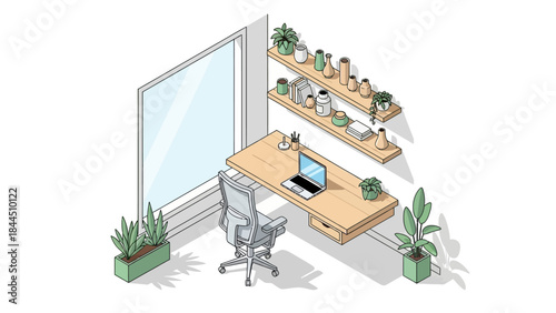 Modern isometric home office with desk, chair, and plants in minimalist style