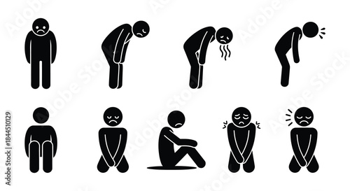 Stick figures depicting stages of illness or declining health and wellbeing