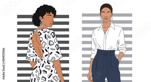 Two stylish and modern faceless women posing against a striped background, showcasing contemporary fashion and diverse beauty. This vector illustration set highlights trendy outfits and confidence.
