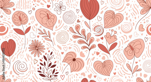 A lovely seamless pattern with stylized anthurium flowers, leaves, hearts, and abstract shapes in a warm color palette. This modern hand-drawn floral background is perfect for romantic textiles.