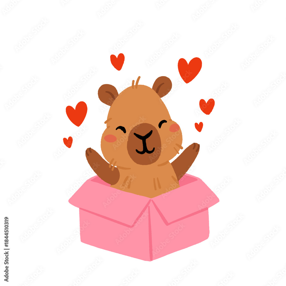 Obraz premium Cute Valentines Day capybara clipart set with heart balloons, romantic letters, capybara in box, kawaii animals with hearts, love messages, adorable characters for cards, stickers and print