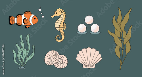A beautiful collection of hand-drawn sea life illustrations, including a clownfish, seahorse, shells, pearls, and seaweed. This charming underwater vector set is perfect for marine-themed designs.