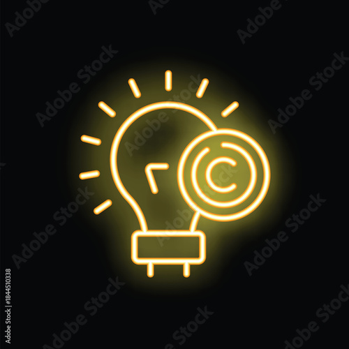 Neon yellow light bulb is shining with a copyright symbol next to it on a black background