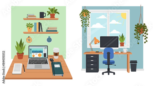 Cozy home office decor with plants and modern furniture