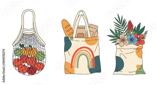 A set of three stylish and reusable eco-friendly shopping bags: a string net bag with apples and two canvas tote bags. This vector illustration promotes a zero-waste and sustainable lifestyle.
