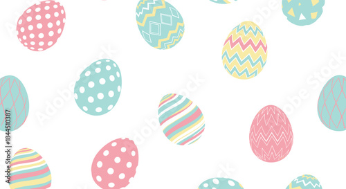 A festive and cheerful seamless pattern of colorful decorated Easter eggs in soft pastel shades on a white background. This cute spring holiday vector illustration is perfect for wrapping paper.