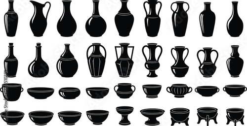 Antique Pottery and Ceramic Vessel Silhouette Collection Featuring Vases, Bowls, Urns, and Amphorae Isolated on White Background for Art Design