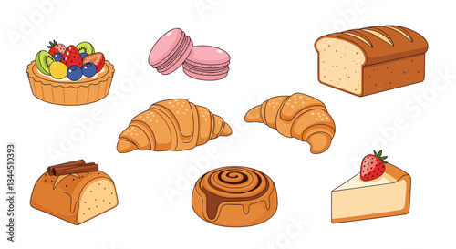 A delicious assortment of freshly baked goods, including croissants, bread, cheesecake, macarons, and a cinnamon roll. This sweet bakery food vector illustration set is isolated on a white background.