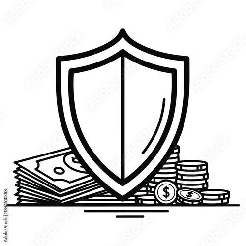 Outline icon of a sturdy shield protecting a pile of banknotes and dollar coins, symbolizing essential financial security, investment safety, and wealth preservation.