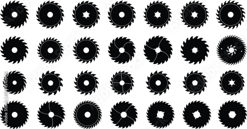 Circular Saw Blade Silhouette Collection Featuring Industrial Cutting Tools, Sharp Teeth Designs, and Mechanical Equipment Icons Isolated on White Background