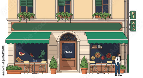 A detailed illustration of a classic European-style pizza restaurant storefront with outdoor seating and green awnings. This inviting urban scene captures the cozy atmosphere of a small city pizzeria.