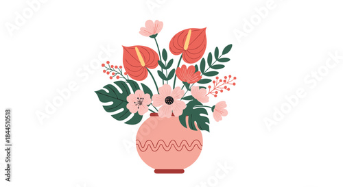 A lovely hand-drawn bouquet of tropical anthurium flowers, poppies, and leaves in a cute pink ceramic vase. This modern floral vector illustration is isolated and perfect for home decor ideas.