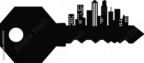 City skyline key silhouette concept representing real estate, urban living, property access, housing security and modern architecture illustration black white