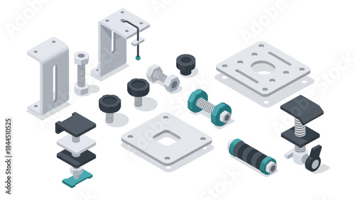 Isometric industrial fasteners collection featuring screws, bolts, and plates in modern design