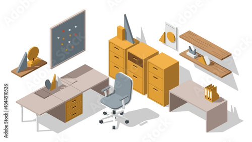 Modern office isometric design with furniture and geometric decor elements