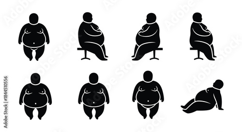 Simple black silhouettes depicting various poses of plus size women figures