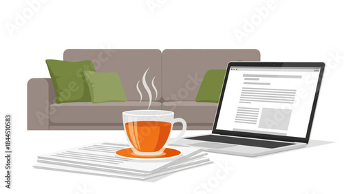 Cozy workspace with tea and laptop in minimalist living room setting