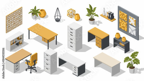 Modern isometric office furniture collection with plants and decor