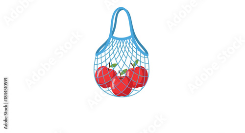 A simple vector illustration of a blue reusable string net shopping bag filled with fresh red apples. This image represents an eco-friendly lifestyle, healthy eating, and sustainable grocery shopping.