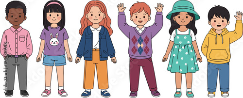 Diverse children character illustration set with boys and girls standing together, cute cartoon vector collection for education, school, friendship and inclusion design