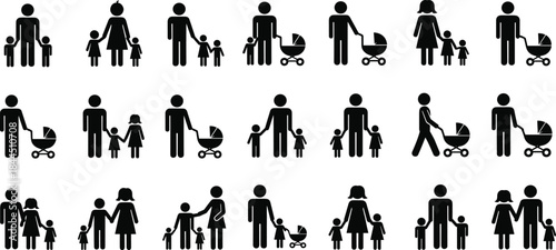 Family Icon Silhouette Collection Showing Parents, Children, and Baby Strollers Representing Parenting, Childcare, and Everyday Family Life Concepts