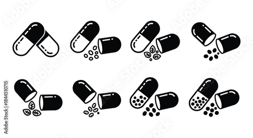 Black and white illustration depicting various capsules pills and herbal contents